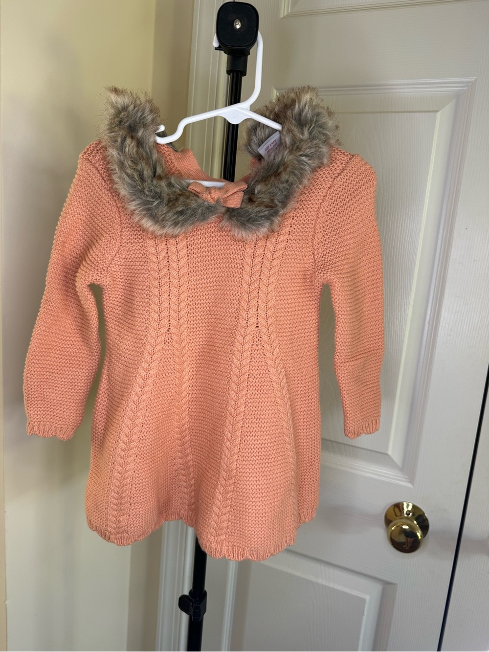 Tahari Baby Peach Knit Dress with Faux Fur Trim